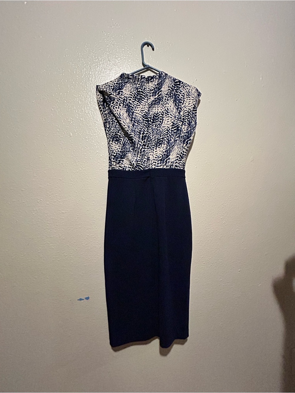 Express Navy and White Printed Midi Sheath Dress